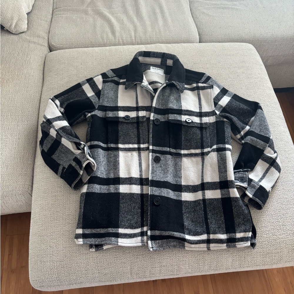 Thick black and white plaid jacket with buttons